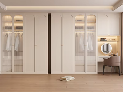 Modern White Wardrobe With Glass Doors Clothes Inside And Dressing Table Mirror On Wooden Floor 3d model