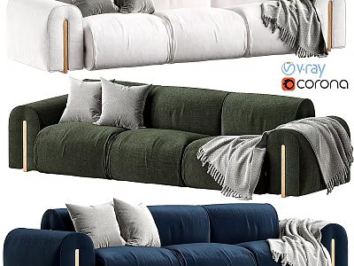 Two Seater Sofa with Pillows Blanket White Green Blue Upholstered Armrests 3d model
