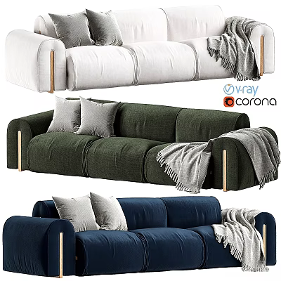 Two Seater Sofa with Pillows Blanket White Green Blue Upholstered Armrests 3d model