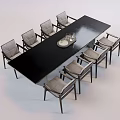 Modern Black Dining Table Set With Eight Gray Cushioned Chairs And Decorative Tray 3d model