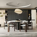 Modern Restaurant Interior With Round Pendant Light Wooden Dining Table And White Chairs
