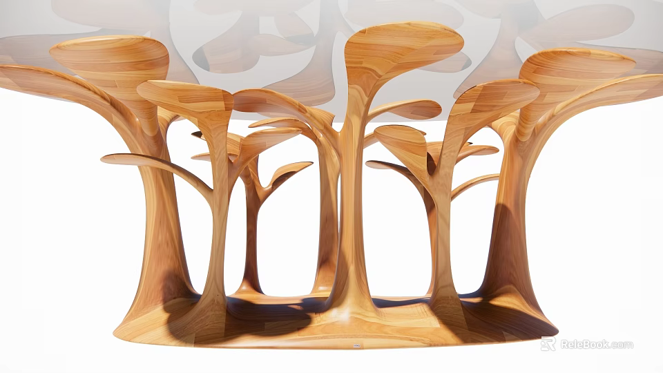 Wooden Tea Table and Chairs with Unique Tree Shaped Legs and Artistic Base Design 3d model 