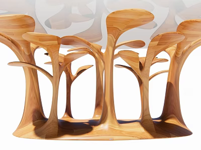 Wooden Tea Table and Chairs with Unique Tree Shaped Legs and Artistic Base Design 3d model