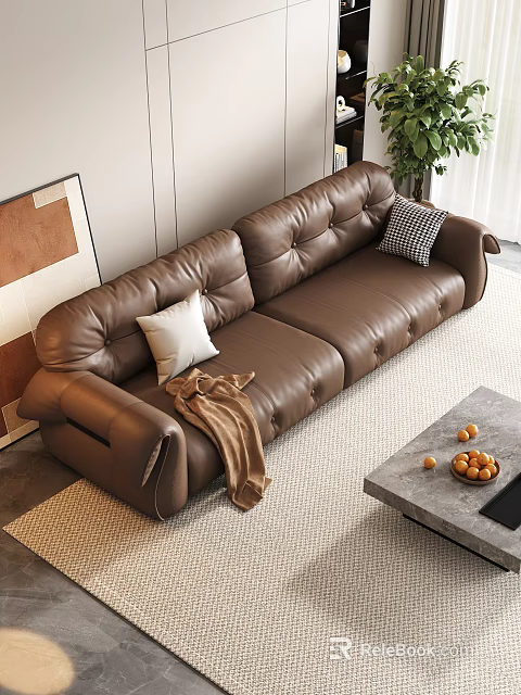Modern Brown Leather Sofa With Pillows Throw Blanket And Gray Coffee Table Set 3d model 