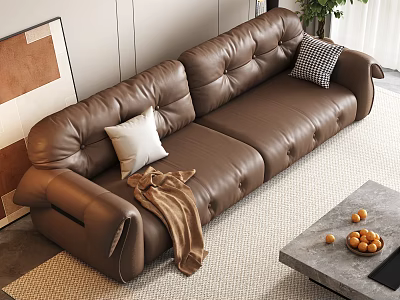 Modern Brown Leather Sofa With Pillows Throw Blanket And Gray Coffee Table Set 3d model