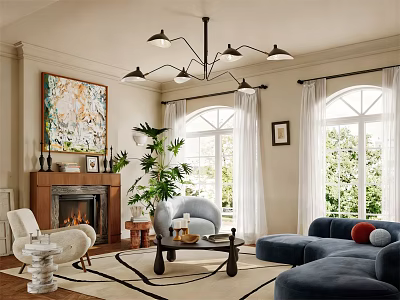 Modern Living Room Interior With Fireplace Large Windows Blue Sofa Green Plants And Chandelier 3d model