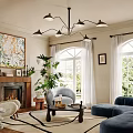 Modern Living Room Interior With Fireplace Large Windows Blue Sofa Green Plants And Chandelier