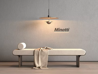 Minotti Bed Bench With Beige Blanket White Round Pillow On Wooden Floor Gray Wall 3d model