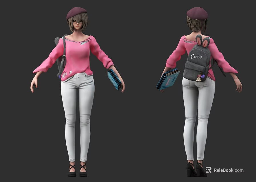 Game and Movie Character in Pink Top White Pants With Hat Backpack and Holding Item 3d model 