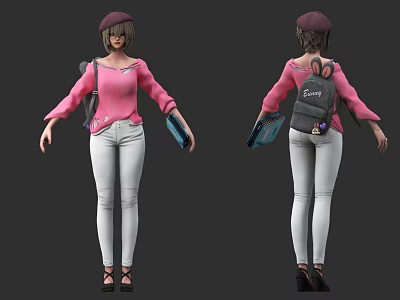 Game and Movie Character in Pink Top White Pants With Hat Backpack and Holding Item 3d model