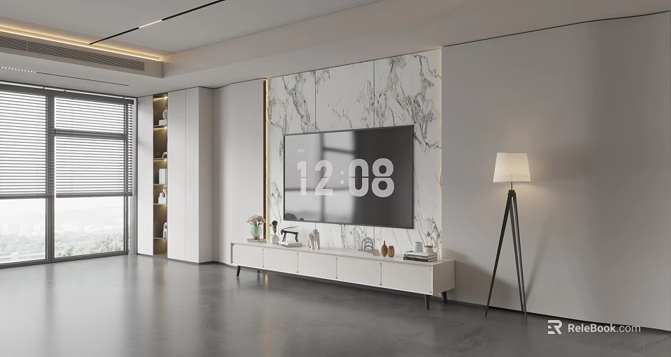 Modern TV Cabinet With Background Marble Texture Wall And White Storage 3d model