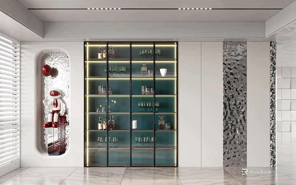 Modern Wine Cabinet With Glass Doors LED Lighting And Display Shelves For Wine Bottles Glassware 3d model 