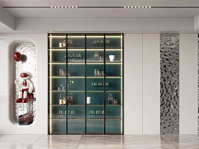 Modern Wine Cabinet With Glass Doors LED Lighting And Display Shelves For Wine Bottles Glassware 3d model