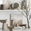 Modern Decorative Ornaments Set With Branches Jars Framed Art And Bowl Decor On White Shelf