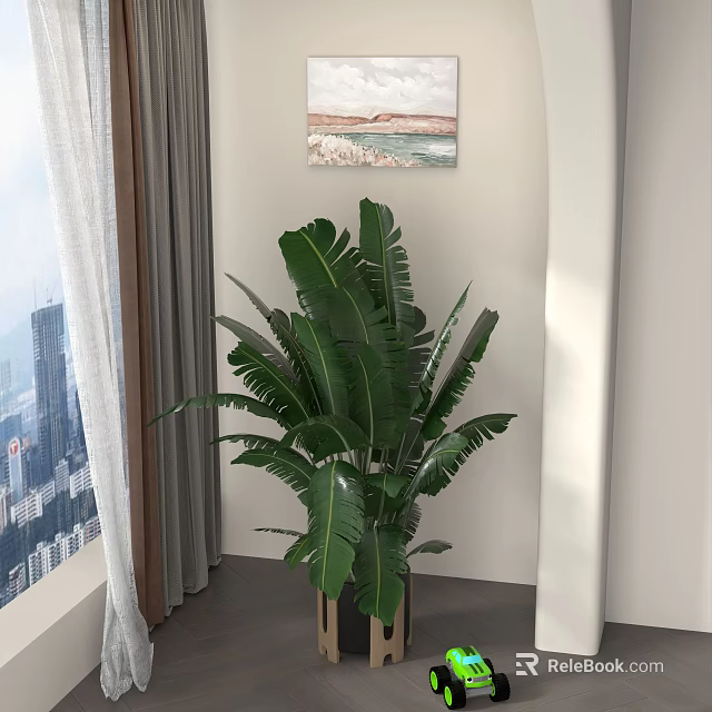 Indoor Large Leafy Potted Plant By Window With City View And Wall Art 3d model 
