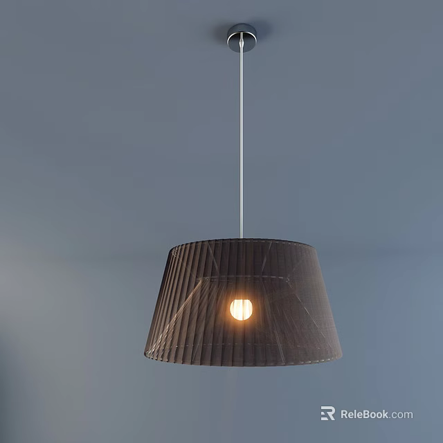 Modern Pendant Light With Dark Pleated Design And Lit Bulb Hanging From Light Blue Ceiling 3d model 