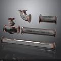 Industrial Metal Pipe Fittings Featuring Valve Elbow And Straight Rusty Tubes