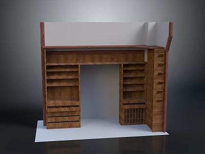 Wooden Storage Furniture Featuring Multiple Shelves Drawers And Central Open Space 3d model