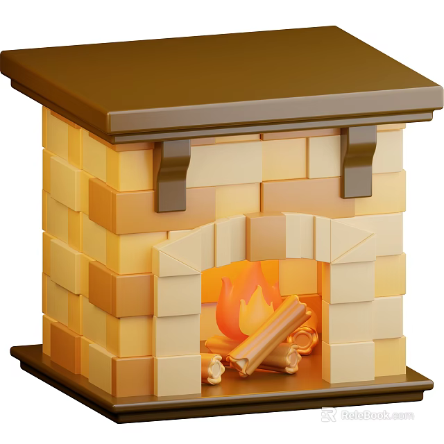 Industrial Fireplace Equipment With Block Built Brick Structure And Burning Flames And Firewood 3d model 