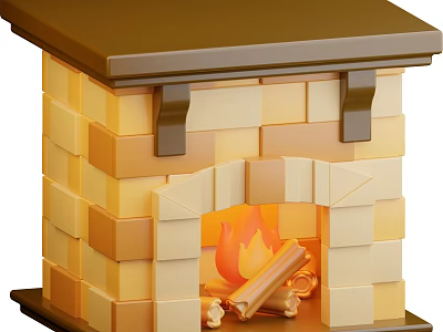 Industrial Fireplace Equipment With Block Built Brick Structure And Burning Flames And Firewood 3d model