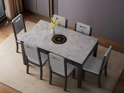 Modern Dining Set With Marble Tabletop And Six Gray Chairs In Living Room 3d model