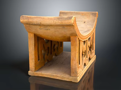 Traditional Wooden Stool With Intricate Carved Patterns And Open Shelf Design 3d model