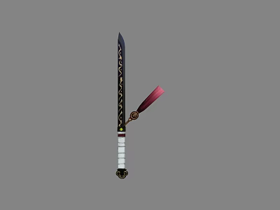 Ornate Decorative Sword With Golden Patterns On Blade White Handle And Red Ribbon Accessory 3d model