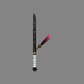 Ornate Decorative Sword With Golden Patterns On Blade White Handle And Red Ribbon Accessory