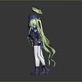 Green Haired Game Movie Characters in Navy Blue Uniforms with Hats and Halo Spiral Objects