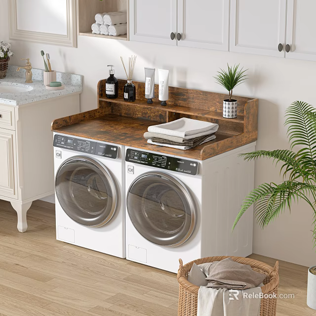 Organized Laundry Room Setup With Dual Washing Machines Wooden Countertop And Green Plants 3d model 