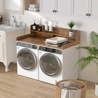 Organized Laundry Room Setup With Dual Washing Machines Wooden Countertop And Green Plants 3d model