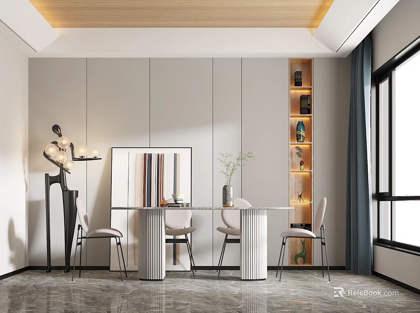 Modern Restaurant Interior With Marble Dining Table Chairs Decorative Painting And Bookshelf 3d model 