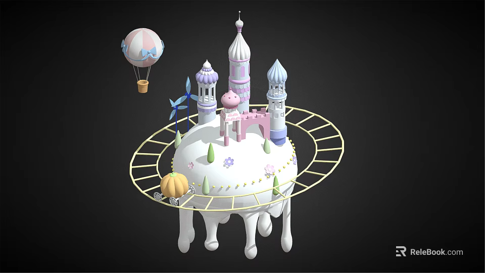 Cartoon Castle Scene Featuring Colorful Towers Hot Air Balloon Circular Track Small Pumpkin And Flowers 3d model 