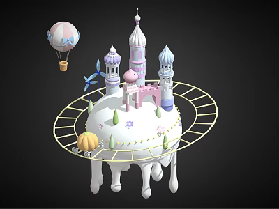 Cartoon Castle Scene Featuring Colorful Towers Hot Air Balloon Circular Track Small Pumpkin And Flowers 3d model