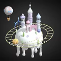 Cartoon Castle Scene Featuring Colorful Towers Hot Air Balloon Circular Track Small Pumpkin And Flowers