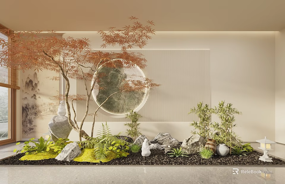 Indoor Landscape Design With Red Maple Tree Round Mirror Rockery Stones Green Plants And Moss 3d model 