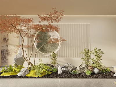 Indoor Landscape Design With Red Maple Tree Round Mirror Rockery Stones Green Plants And Moss 3d model