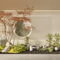 Indoor Landscape Design With Red Maple Tree Round Mirror Rockery Stones Green Plants And Moss