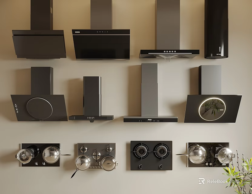 Various Black Kitchen Appliances Including Range Hoods And Hobs In Different Styles 3d model