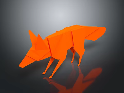 Game and Movie Character Orange Origami Fox with Geometric Design on Gray Background with Reflection 3d model