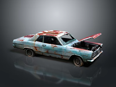 Vintage Rusted Car With Open Hood And Worn Blue Red Paint 3d model