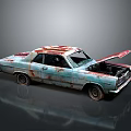 Vintage Rusted Car With Open Hood And Worn Blue Red Paint