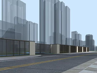 Modern Entrance Gate With Black Metal Fence And High Rise Buildings Along Road 3d model