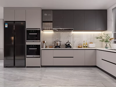 Modern Kitchen Interior With Dark And Light Gray Cabinets Stainless Steel Appliances And Smooth Countertop 3d model