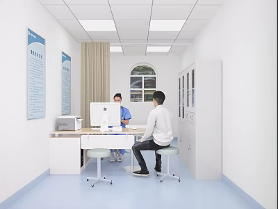 Hospital Outpatient Clinic Room With Doctor And Patient Computer Information Posters White Walls And Window 3d model