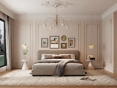 Elegant Bedroom Interior With Paneled Walls Framed Artworks Chandelier And Area Rug 3d model