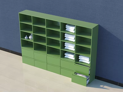 Green Storage Shelf Cabinet with Multiple Compartments And Drawers Storing Folded White Towels Against Wall 3d model