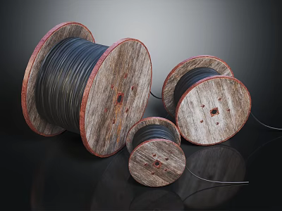 Wooden Cable Reels With Black Cables In Various Sizes On Dark Background 3d model