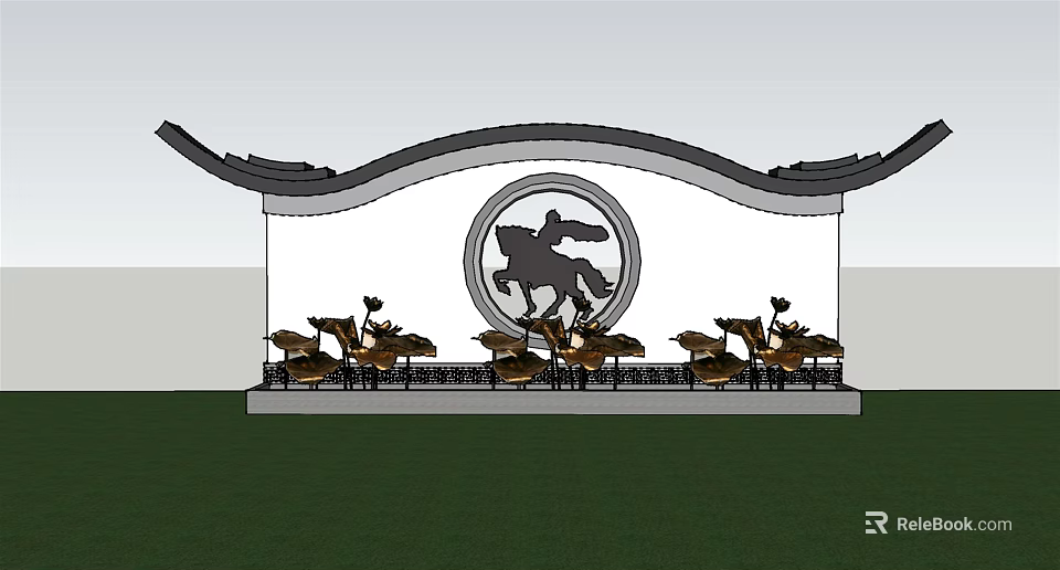 Traditional Chinese Feature Wall with Circular Horse Motif and Curved Eaves Surrounded by Lotus Decorations 3d model 