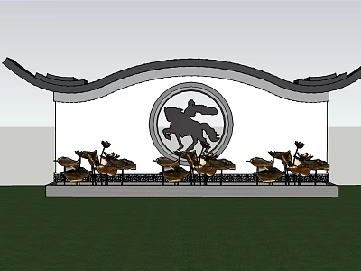 Traditional Chinese Feature Wall with Circular Horse Motif and Curved Eaves Surrounded by Lotus Decorations 3d model